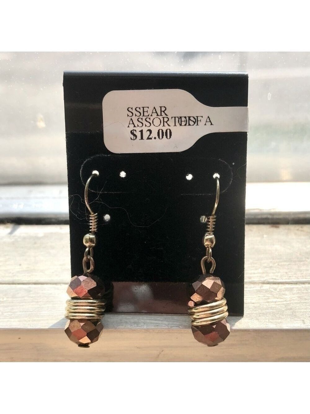 Beaded Dangle Earrings Gold Tone With Bronze Beads